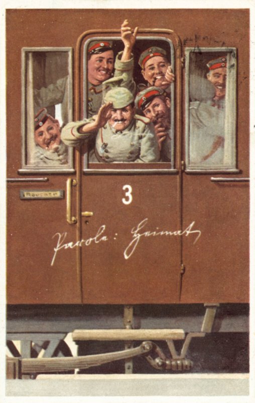 En gruppe tyske soldater fra første verdenskrig vinker fra en jernbanevogn (farve litho) af German School