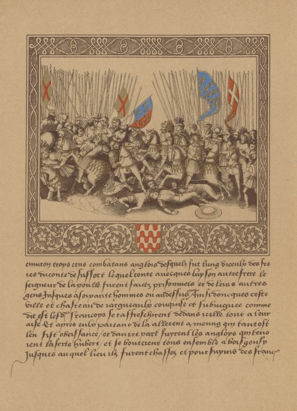 En side fra et fransk manuskript fra det 16. århundrede, der skildrer en scene fra Froissarts Chronicles af German School