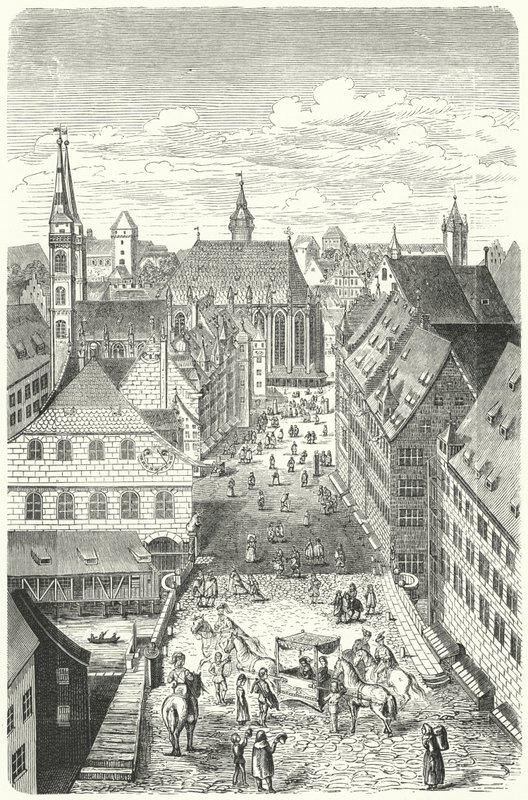 En gade i Nürnberg i det 15. århundrede (gravering) af German School