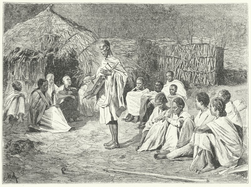 En rejsende minstrel og hans publikum i Abessinien (gravering) af German School