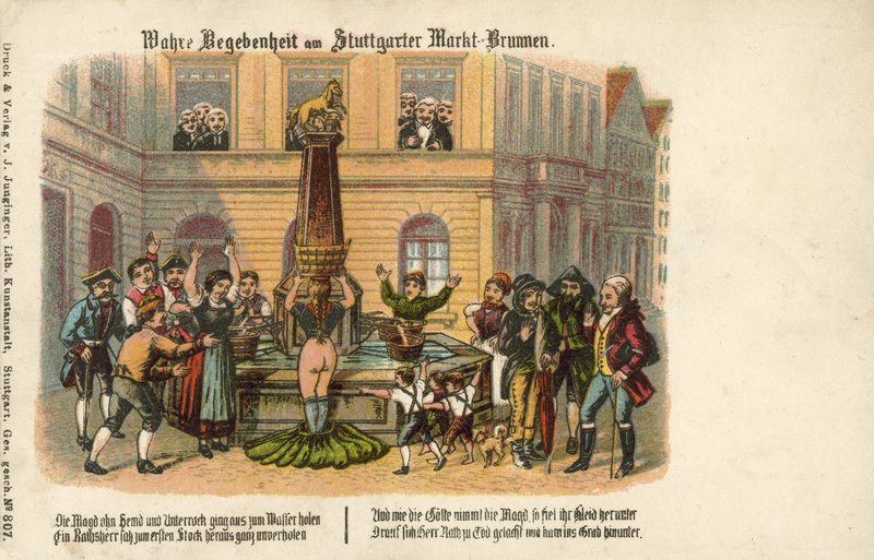 En sand historie ved Stuttgart Market Fountain (farve litho) af German School