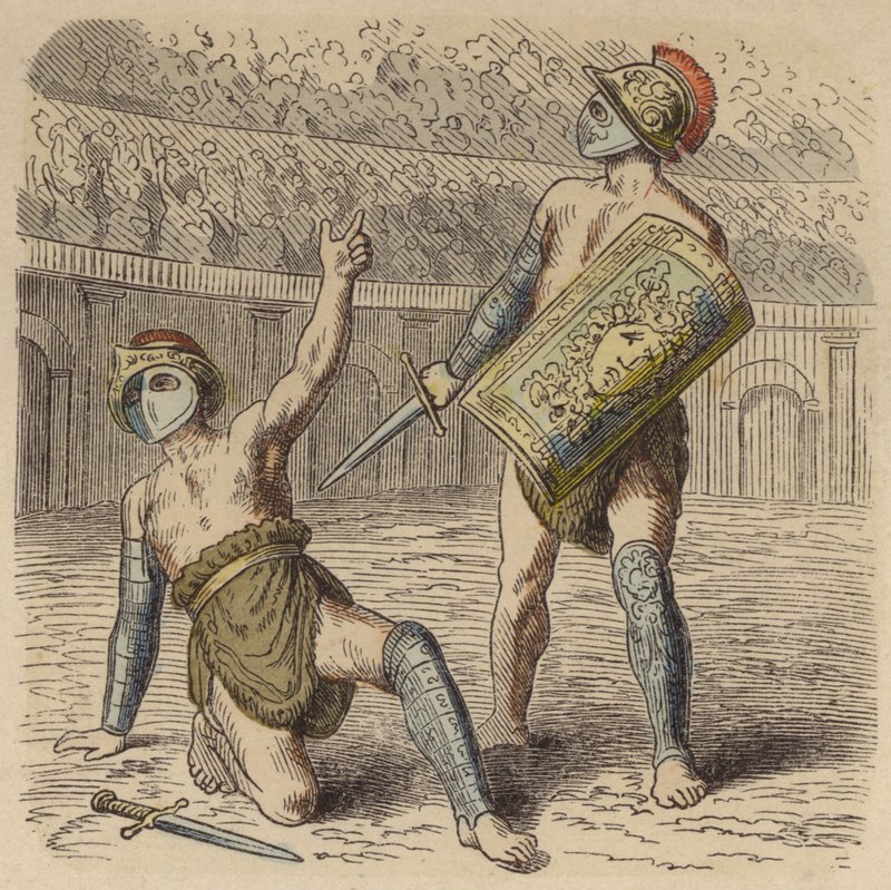 En såret romersk gladiator bønfalder folkemængden for sit liv (farvet indgravering) af German School