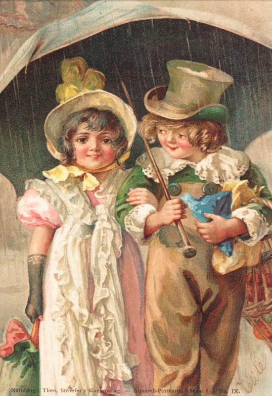 Nuori poika kävelee käsi kädessä nuoren tytön kanssa (väri litho) af German School