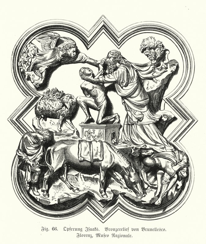 Abraham ofrer sin søn Isak til ofring, bronze relief af Filippo Brunelleschi (stik) af German School