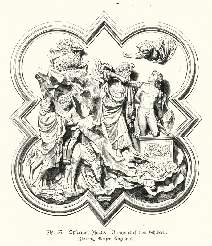 Abraham ofrer sin søn Isak til ofring, bronze relief af Lorenzo Ghiberti (stik) af German School