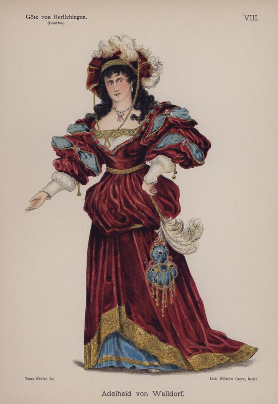 Adelheid von Walldorf, fra Gotz von Berlichingen af ​​Goethe (farve litho) af German School