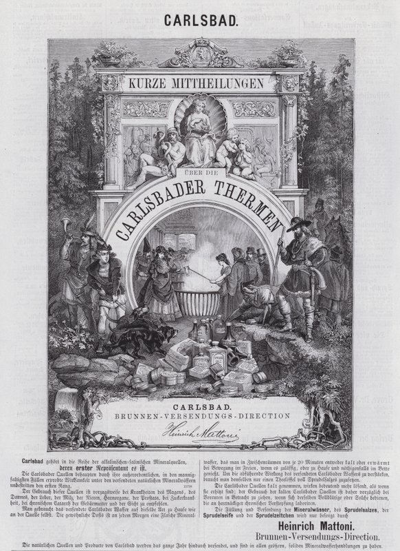 Annonce for Mattoni mineralvand og andre produkter fra spaen i Carlsbad (Karlovy Vary), Bohemia (gravering) af German School