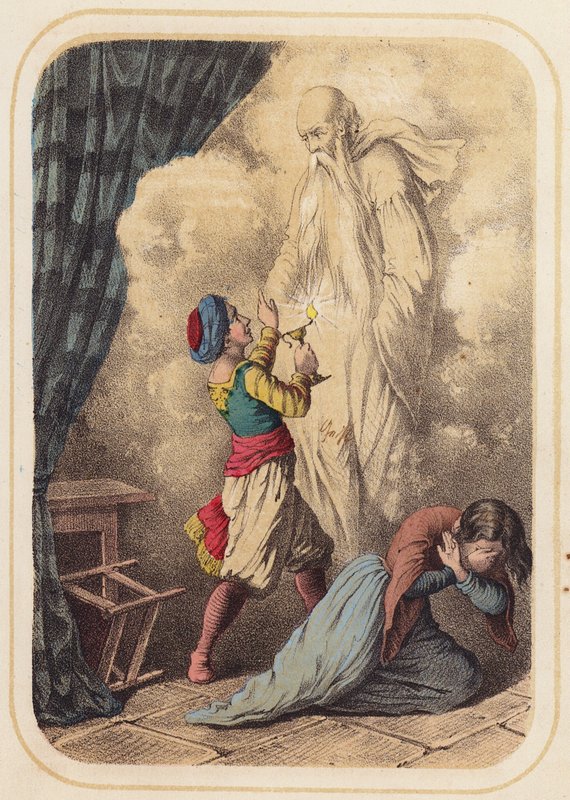 Aladdin, en scene fra Tusind og én nat (farve litho) af German School