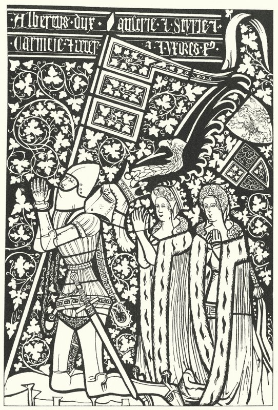 Albert III, hertug af Østrig, med sine to hustruer, Elisabeth af Bøhmen og Beatrice af Nürnberg (stik) af German School