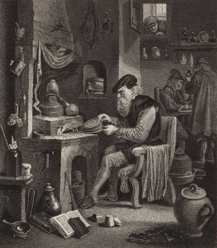 Alkymist på arbejde. Illustration til Bilder-Atlas (gravering) af German School