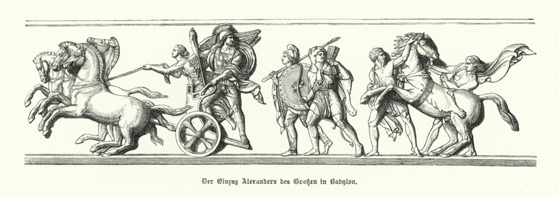 Alexander den Store på vej ind i Babylon, 331 f.Kr. (gravering) af German School
