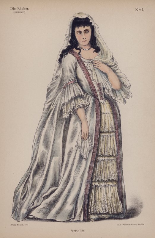 Amalie, fra Die Rauber (Røverne) af Friedrich Schiller (farve litho) af German School