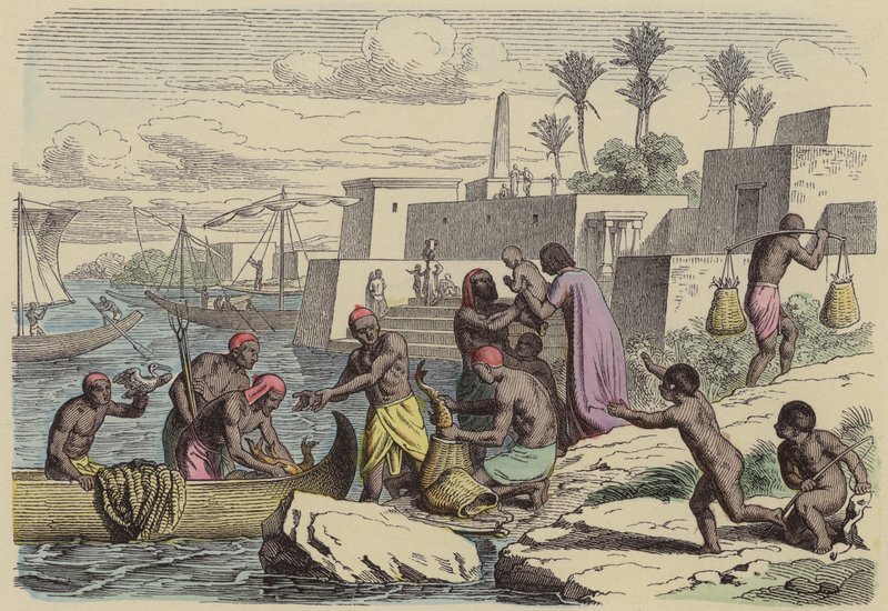 Gamle egyptiske fiskere (farvet indgravering) af German School