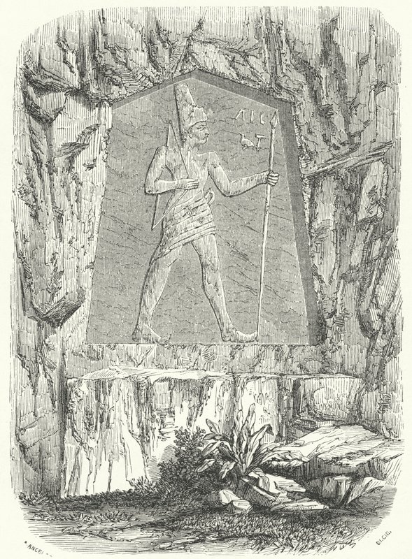 Gammelt egyptisk relief menes at forestille Farao Sesostris eller Ramses II (gravering) af German School