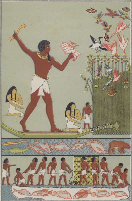 Gamle egyptere, der fisker og jager fugle (farve litho) af German School
