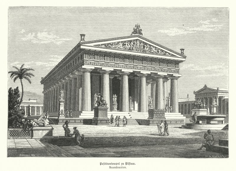 Det gamle græske tempel i Hera, Paestum, Italien, tidligere fejlagtigt antaget at være dedikeret til Poseidon (gravering) af German School