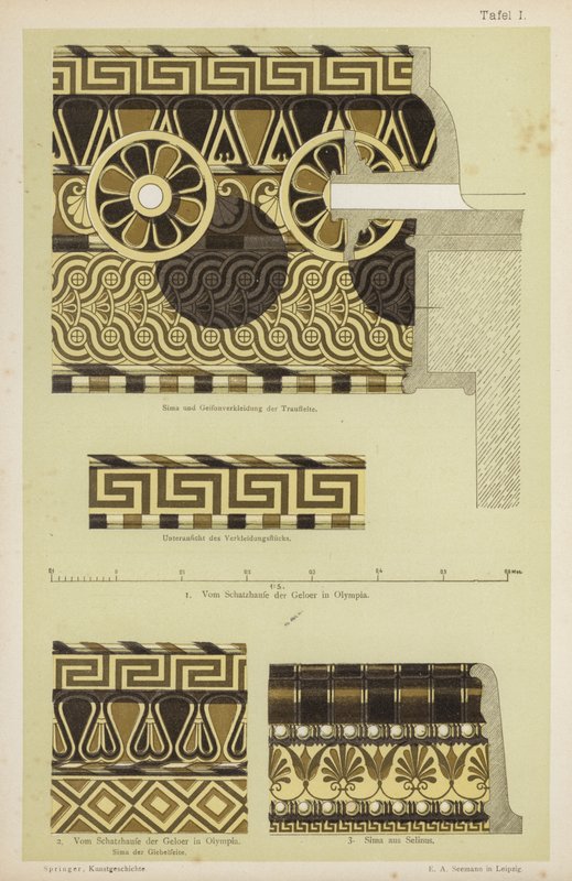 Oldgræsk arkitektonisk dekoration (farve litho) af German School