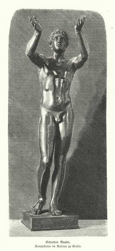 Gammel græsk bronzestatue af en dreng, der beder (gravering) af German School