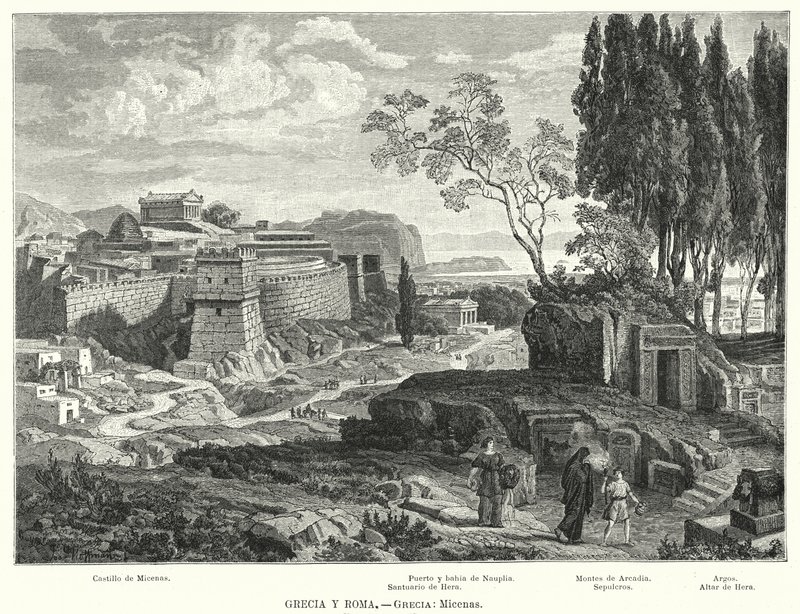 Den gamle græske by Mykene (litho) af German School