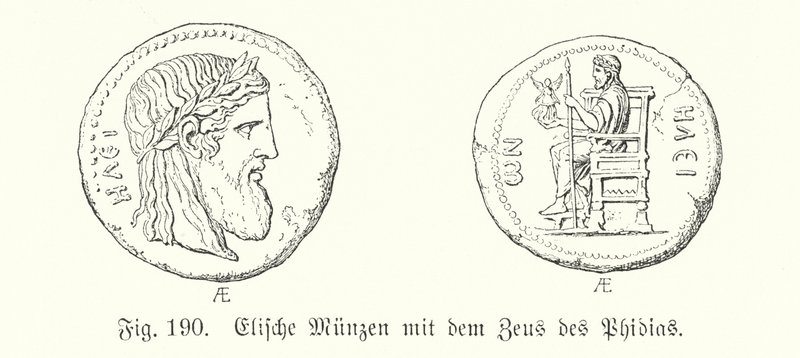 Gamle græske mønter fra Elis med billeder af Zeus fra Phidias (gravering) af German School