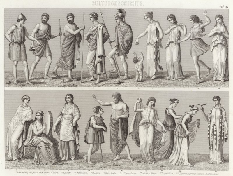 Gamle græske kostumer. Illustration til Bilder-Atlas (gravering) af German School