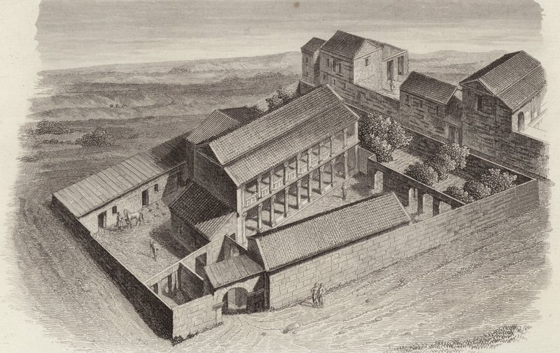 Gamle græske huse i Moudleja, Syrien. Illustration til Bilder-Atlas (gravering) af German School