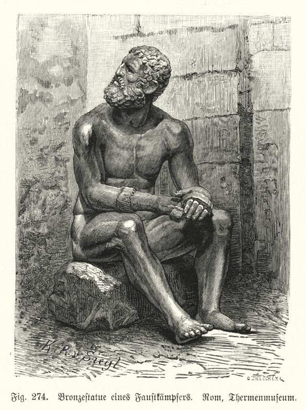 Gammel græsk eller romersk bronzestatue af en siddende bokser (gravering) af German School