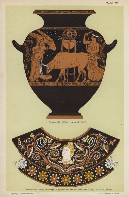Oldgræsk opbevaringskrukke og ornament fra et røgelseskar (farve litho) af German School