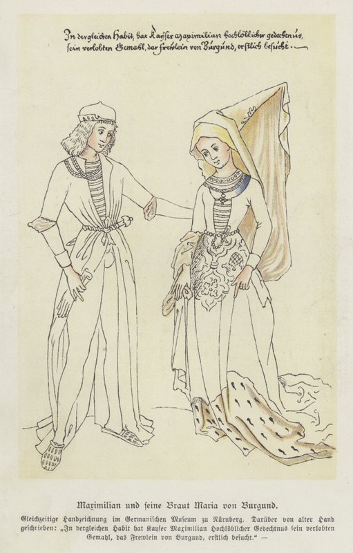 Ærkehertug Maximilian af Østrig og hans brud, Maria af Bourgogne (farve litho) af German School