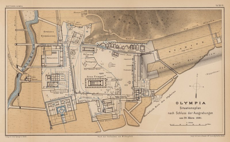 Arkæologisk kort over Olympia (gravering) af German School