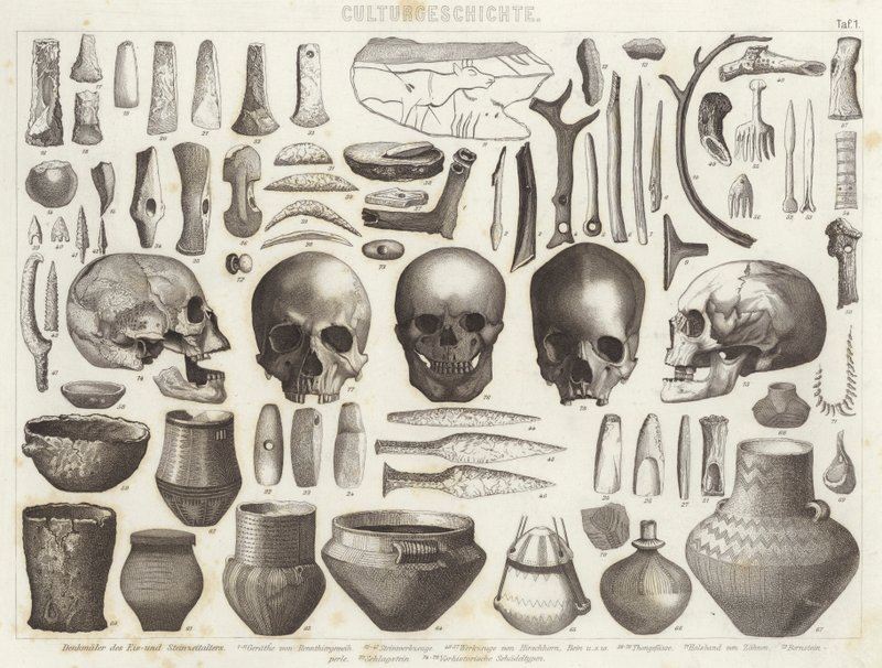 Artefakter fra is- og stenalderen. Illustration til Bilder-Atlas (gravering) af German School