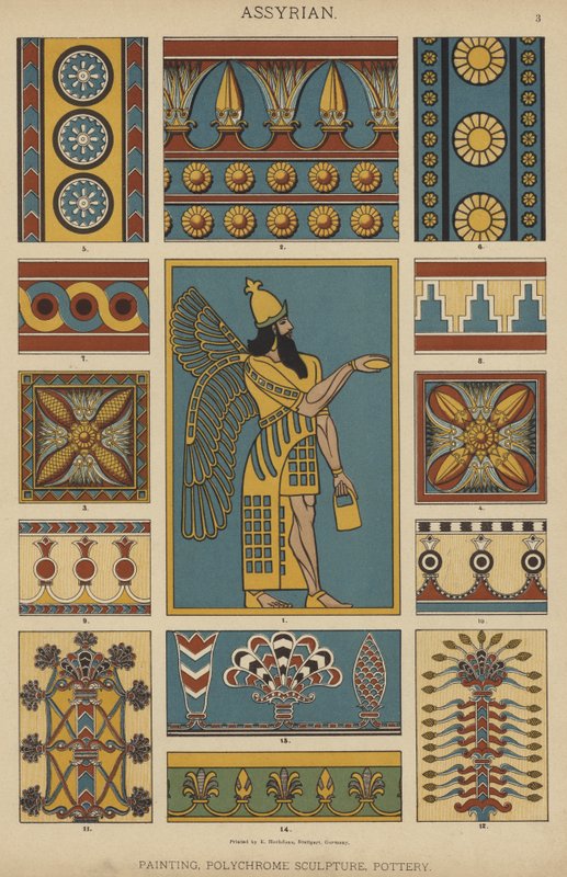 Assyrisk, maleri, polykrom skulptur, keramik (farve litho) af German School