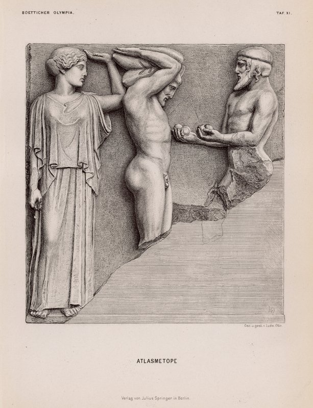 Atlas bringer Herakles Hesperidernes Æbler i nærværelse af Athena, metope fra Zeus-templet, Olympia, Grækenland (gravering) af German School