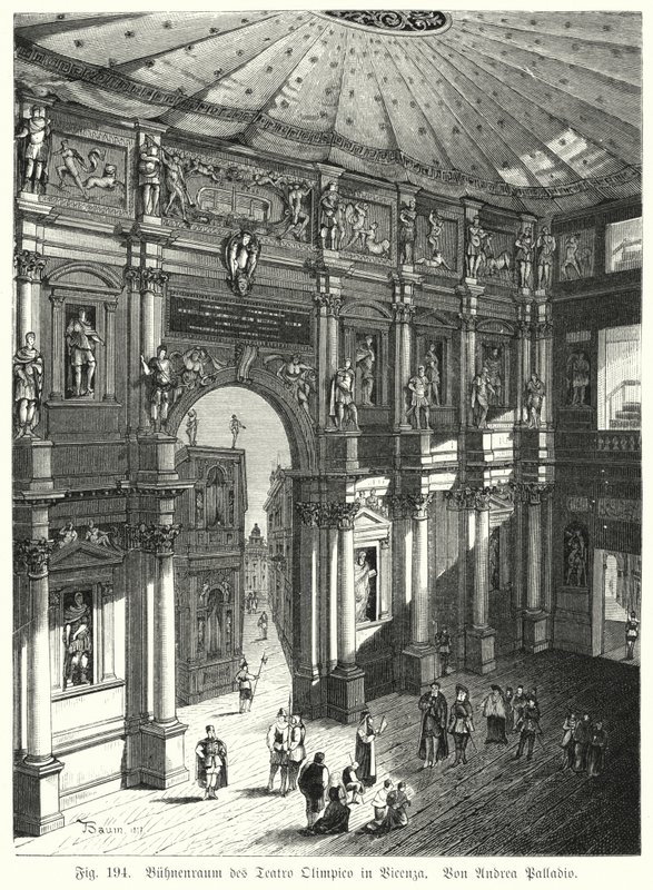 Auditorium og scene i Teatro Olimpico, Piacenza, Italien, designet af Andrea Palladio (gravering) af German School