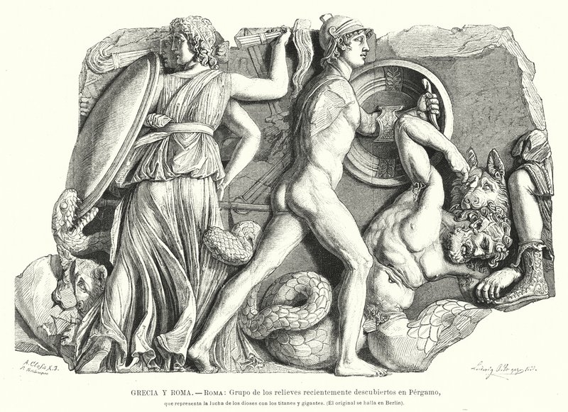Kamp mellem guderne og titanerne og kæmperne, oldgræsk relief fra Pergamon (litho) af German School
