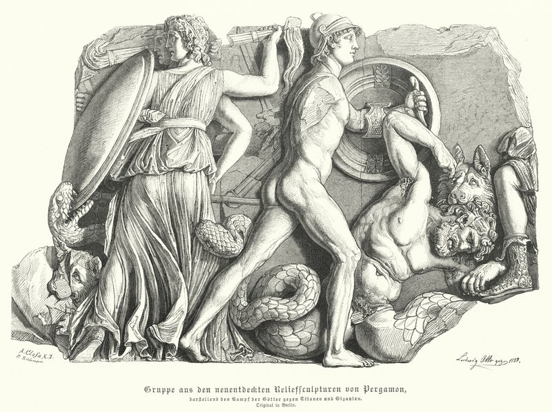 Kamp mellem guderne og titanerne og kæmperne, oldgræsk relief fra Pergamon (gravering) af German School