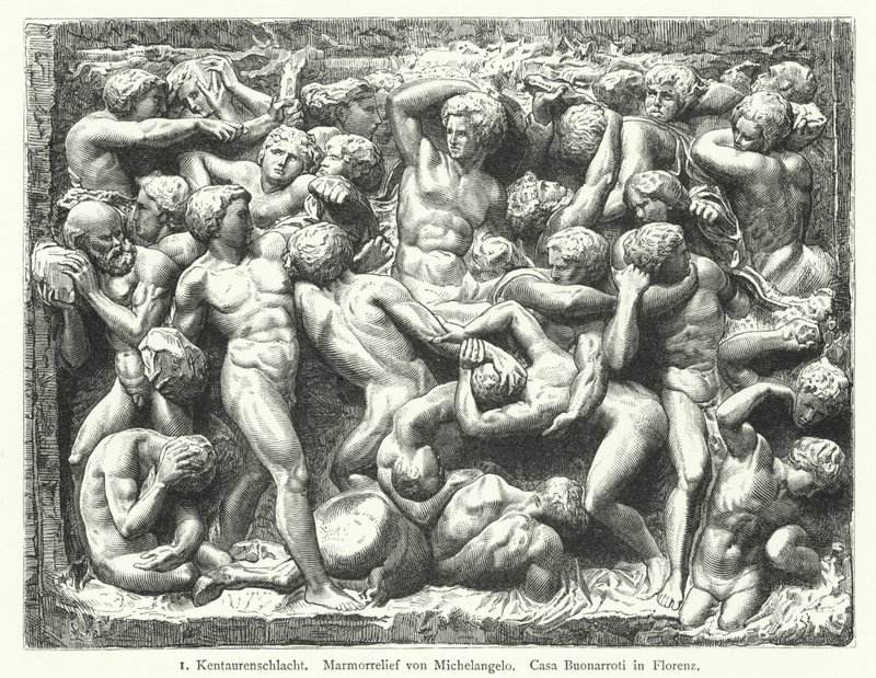 Battle of the Centaurs, marmorrelief af Michelangelo (gravering) af German School