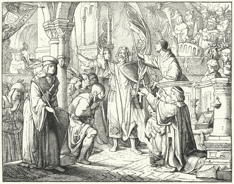 Bernard af Clairvaux prædikede det andet korstog i Speyer, Tyskland af German School
