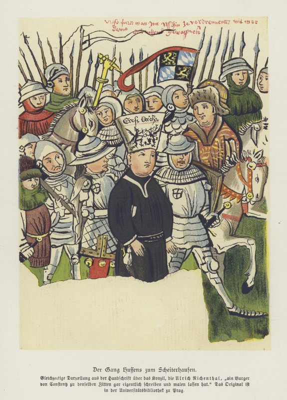 Den bøhmiske kristne reformator Jan Hus bliver ført til sin henrettelse, Constance, 6. juli 1415 (farve litho) af German School