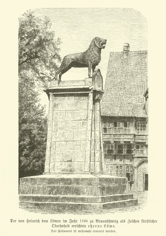 Bronzeløve rejst af Henrik Løven i Brunswick i 1166 (gravering) af German School