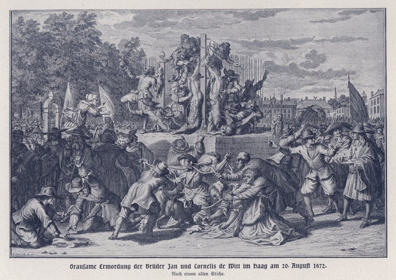 Brutalt mord på brødrene Jan og Cornelis de Witt begået af en orangistisk pøbel, Haag, Holland, 20. august 1672 (litografi) af German School