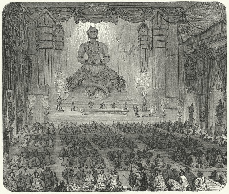 Buddhister tilbeder i et kloster i Peking (gravering) af German School