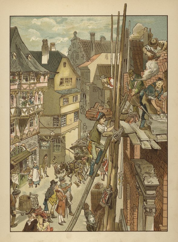 Bygherrer på arbejde på et hus (farve litho) af German School