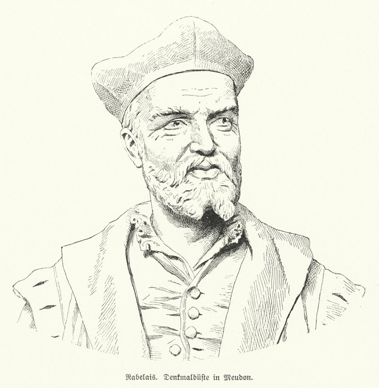 Buste af den franske forfatter Francois Rabelais i Meudon, Frankrig (litho) af German School
