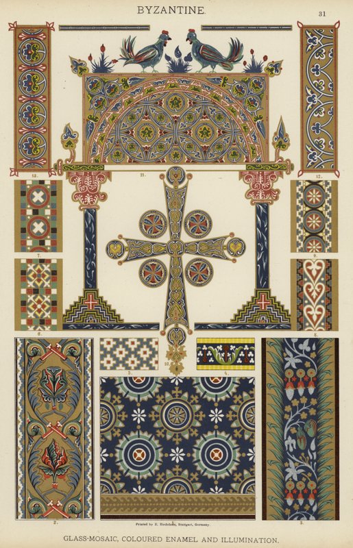 Byzantinsk, glas-mosaik, farvet emalje og belysning (farve litho) af German School