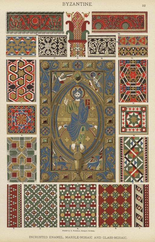 Byzantinsk, kornet emalje, marmor-mosaik og glas-mosaik (farve litho) af German School