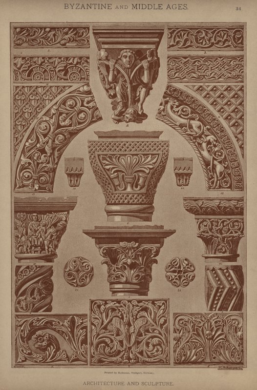 Byzantinsk og middelalder, arkitektur og skulptur (farve litho) af German School