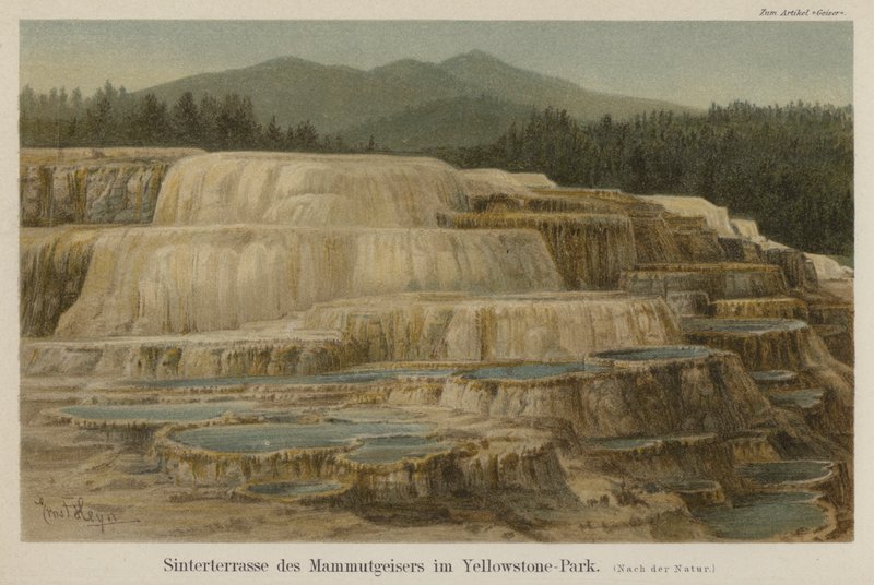 Kalkrige sinterterrasser ved Mammoth Hot Springs i Yellowstone National Park, Wyoming (farve litho) af German School