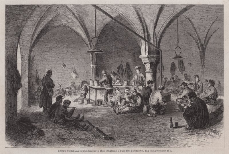 Fangede garibaldianere og franske franc-tireurs i rådhuset i Dijon, Frankrig, fransk-preussisk krig, midten af december 1870 (gravering) af German School