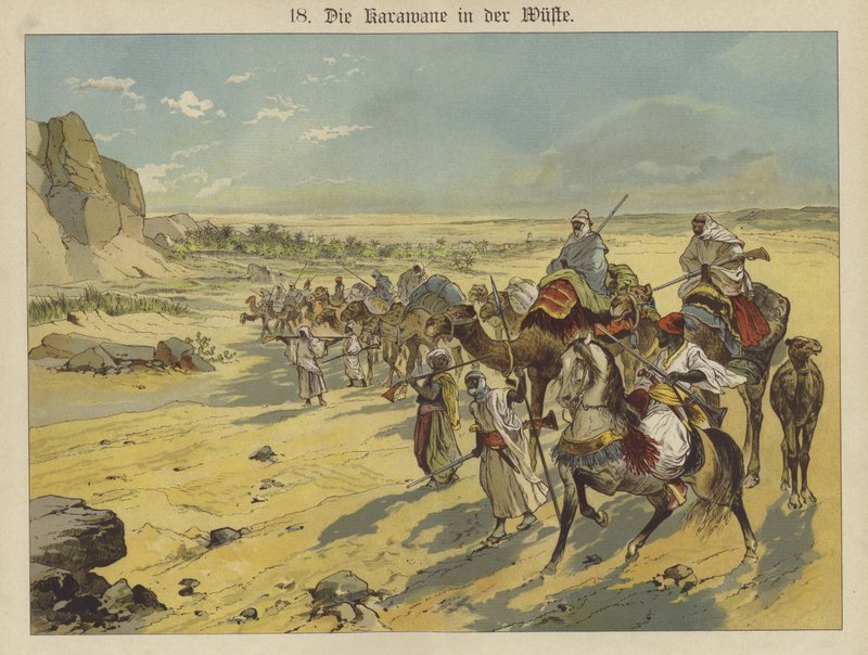 Karavane i den arabiske ørken (farve litho) af German School